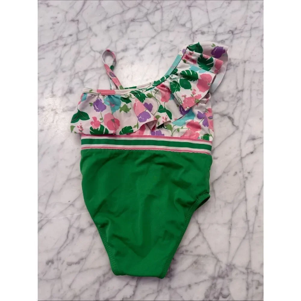 Janie and Jack Sz 12/18 Mo Green Floral One-Shoulder Swimsuit